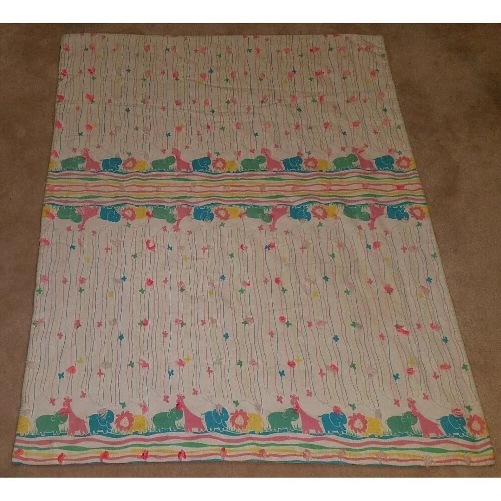 VTG Pastel Animals Handmade Baby Blanket Hippo Giraffe Elephant Lion Blue Green